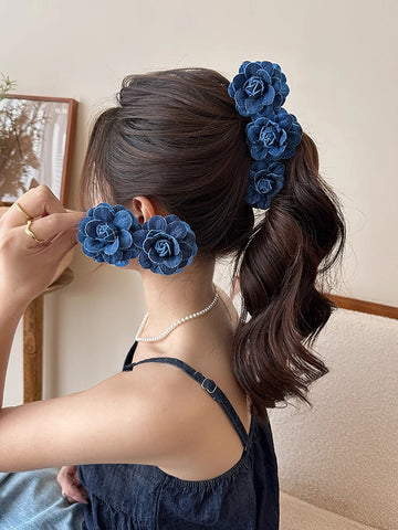 Saashi 1pc Retro Blue Denim Rose Flower Banana Clip Bun High Ponytail.