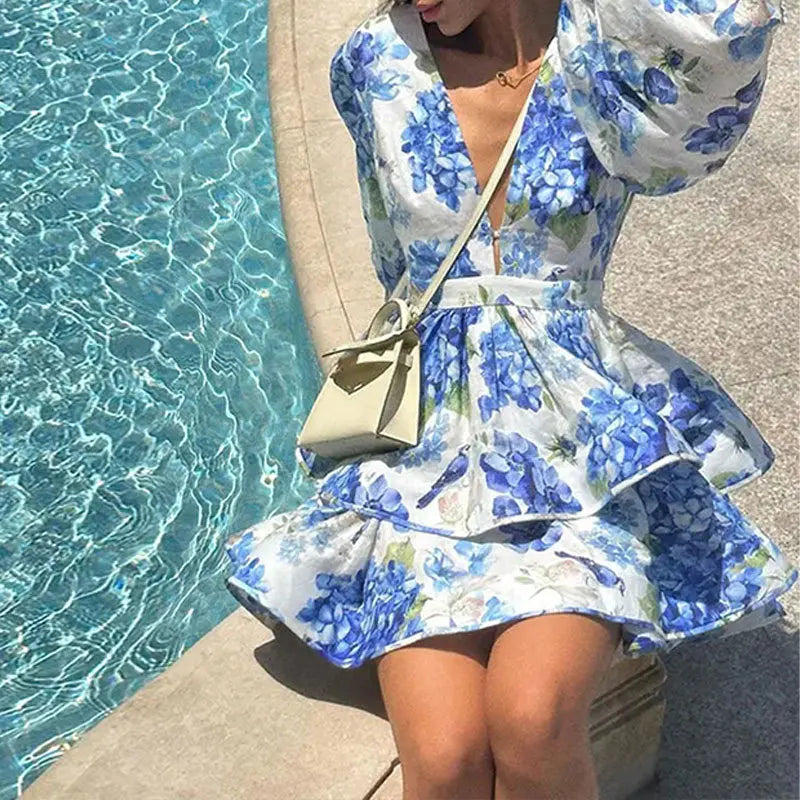 Saashi Floral Ruffle V Neck Puff Sleeve Mini Dress Elegant A Line Party Gown