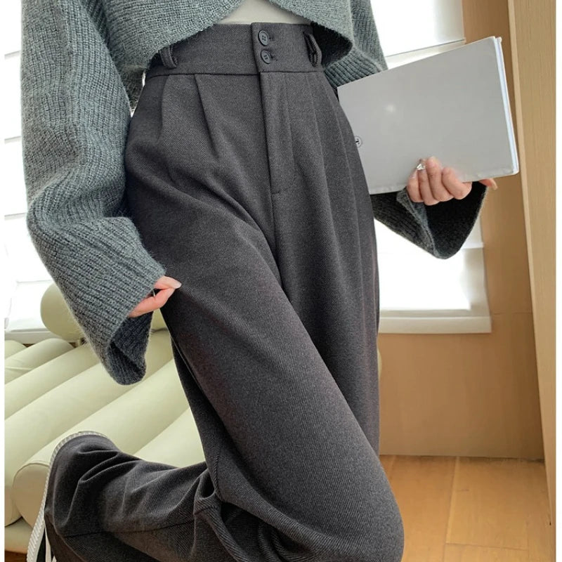 Saashi Women's Autumn Winter High Waist Woolen Wide Leg Straight Full Length Trousers