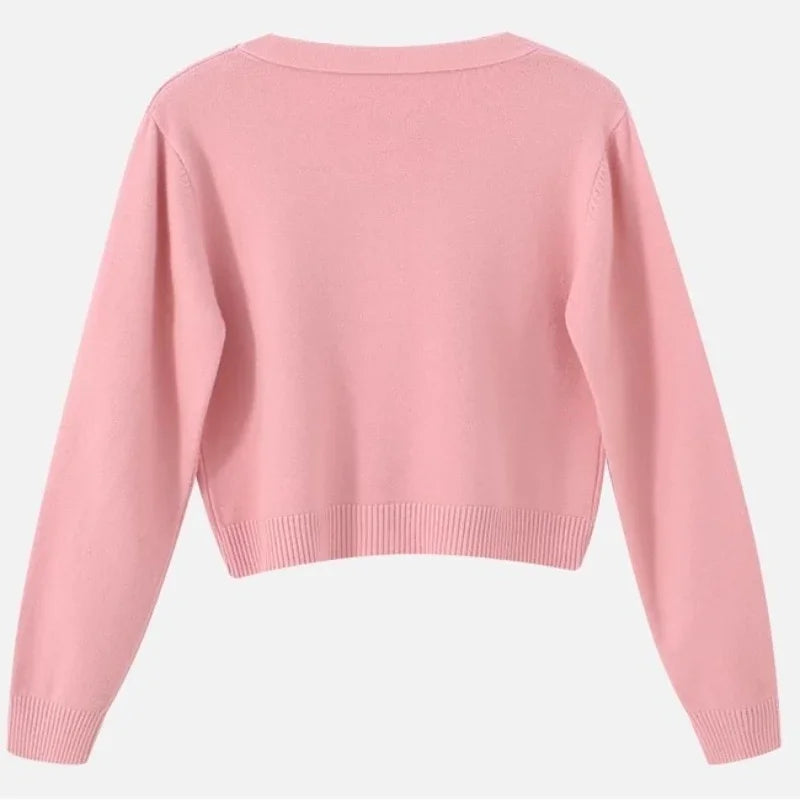 Saashi Women's Autumn Winter Long Sleeve Cropped Loose Solid V-neck Knitted Cardigan.