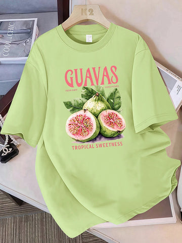 Saashi Guavas From Farm Hand Picked Print Cotton T Shirt Short Sleeve Loose O Neck Summer Top