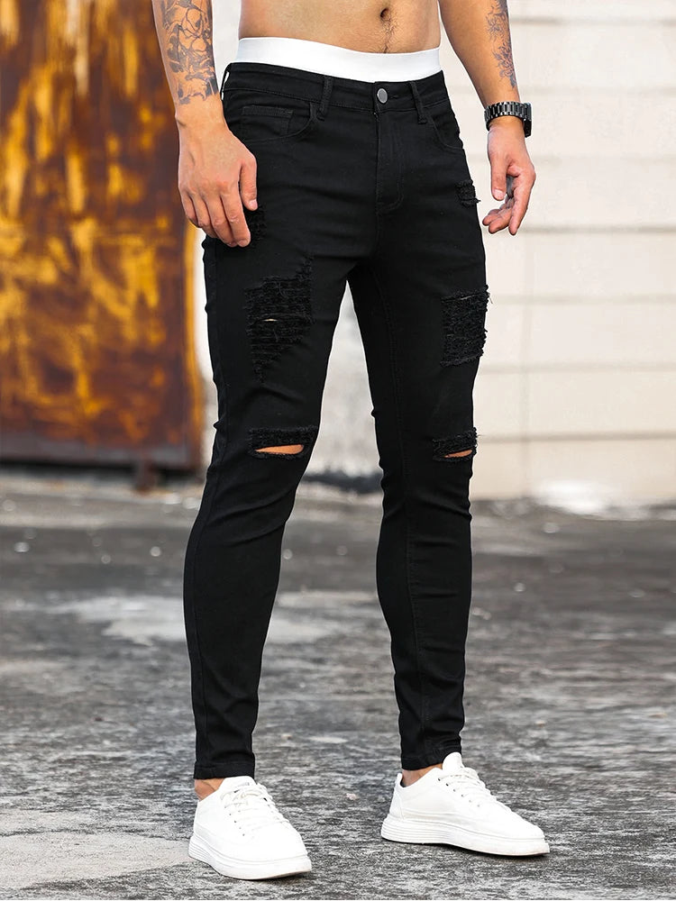 Saashi Men's Streetwear Black Ripped Skinny Jeans Slim Fit Denim Trousers