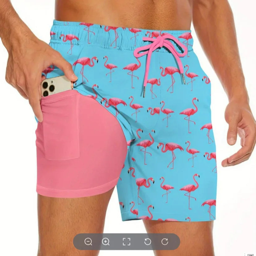 Saashi Men's Double Layer Quick Dry Beach Swim Shorts Swimming Trunks Loose.
