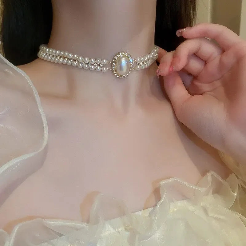 Saashi Pearl Rhinestone Layered Choker