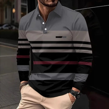 Saashi Men's Spring Autumn Street Fashion 3D Striped Printing Long-sleeved Polo Shirt.
