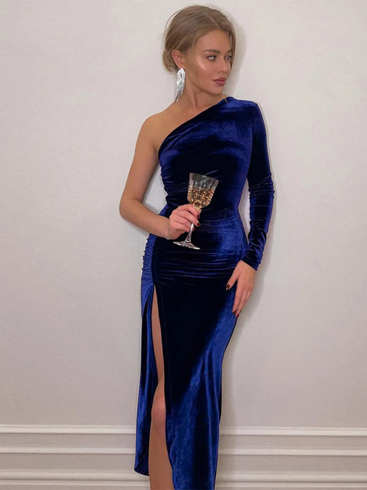 Saashi Women's Elegant Long Sleeve Party Evening Velvet Bodycon Split Midi Dress.