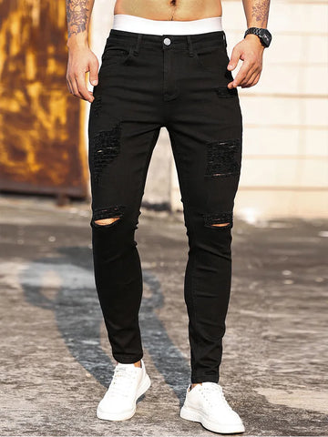 Saashi Men's Streetwear Black Ripped Skinny Jeans Slim Fit Denim Trousers