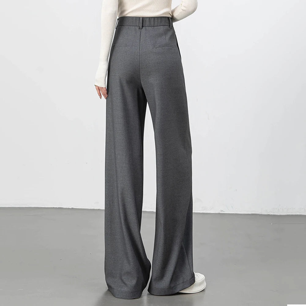 Saashi Large-Size Women’s Wide-Leg High-Waisted Slimming Straight Pants – Gray Casual Suit Trousers
