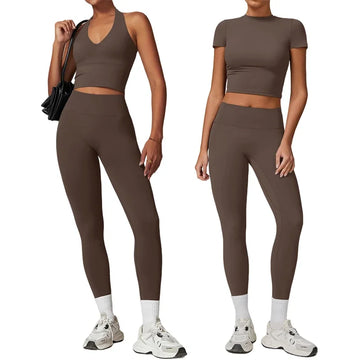 Saashi 2-Piece Yoga Set – Short Sleeve Crop Top & High Waist Leggings