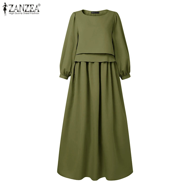 Saashi Women's Retro Boatneck Lantern Sleeve Solid Layered A-Line Maxi Dress