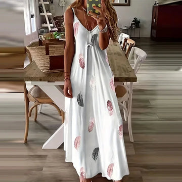 Saashi 8-Color All-Season Chic Feather Print Casual V-Neck Stretch Maxi Dress