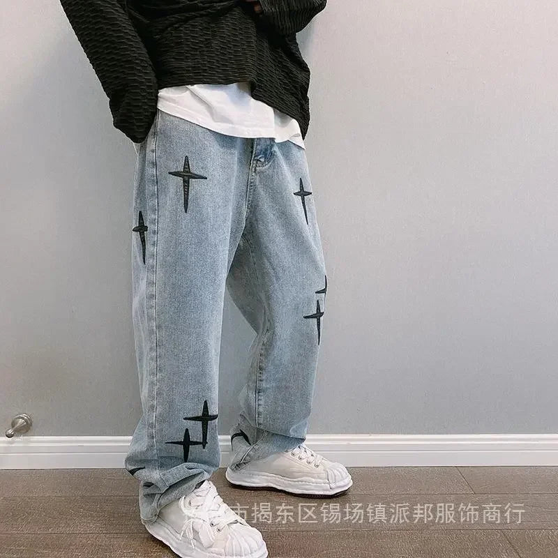 Saashi Men's Wide Leg Cargo Streetwear Baggy Korean Fashion Y2K Hip Hop Denim.