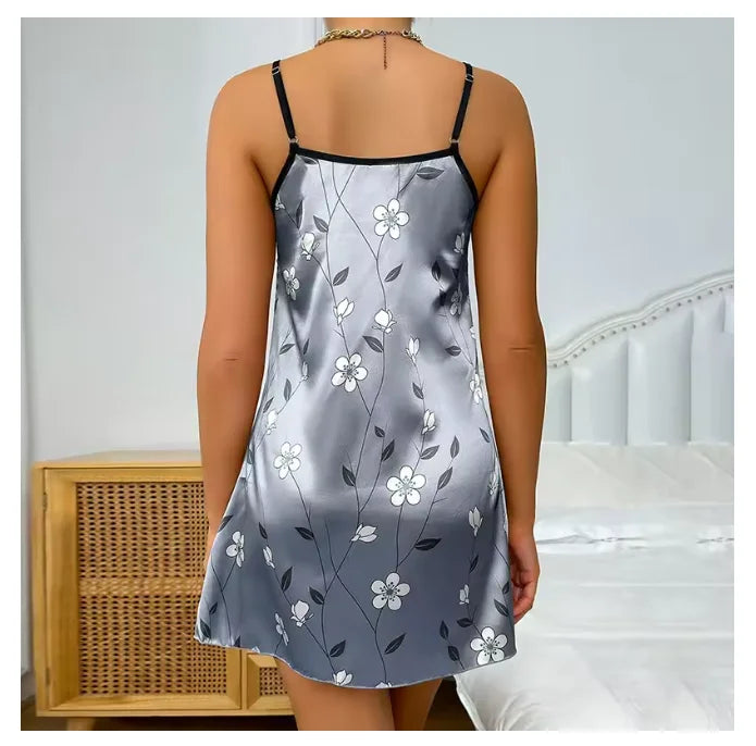 Saashi Women's Summer Floral Print Satin Sleeveless Backless Slip Nightgown Home Clothes.