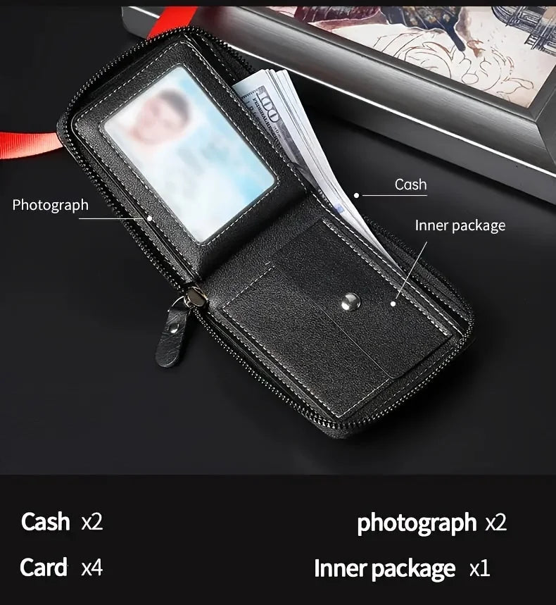 Saashi Men's Retro Letter Embossed Faux Leather Zipper Closure Credit Card Wallet.