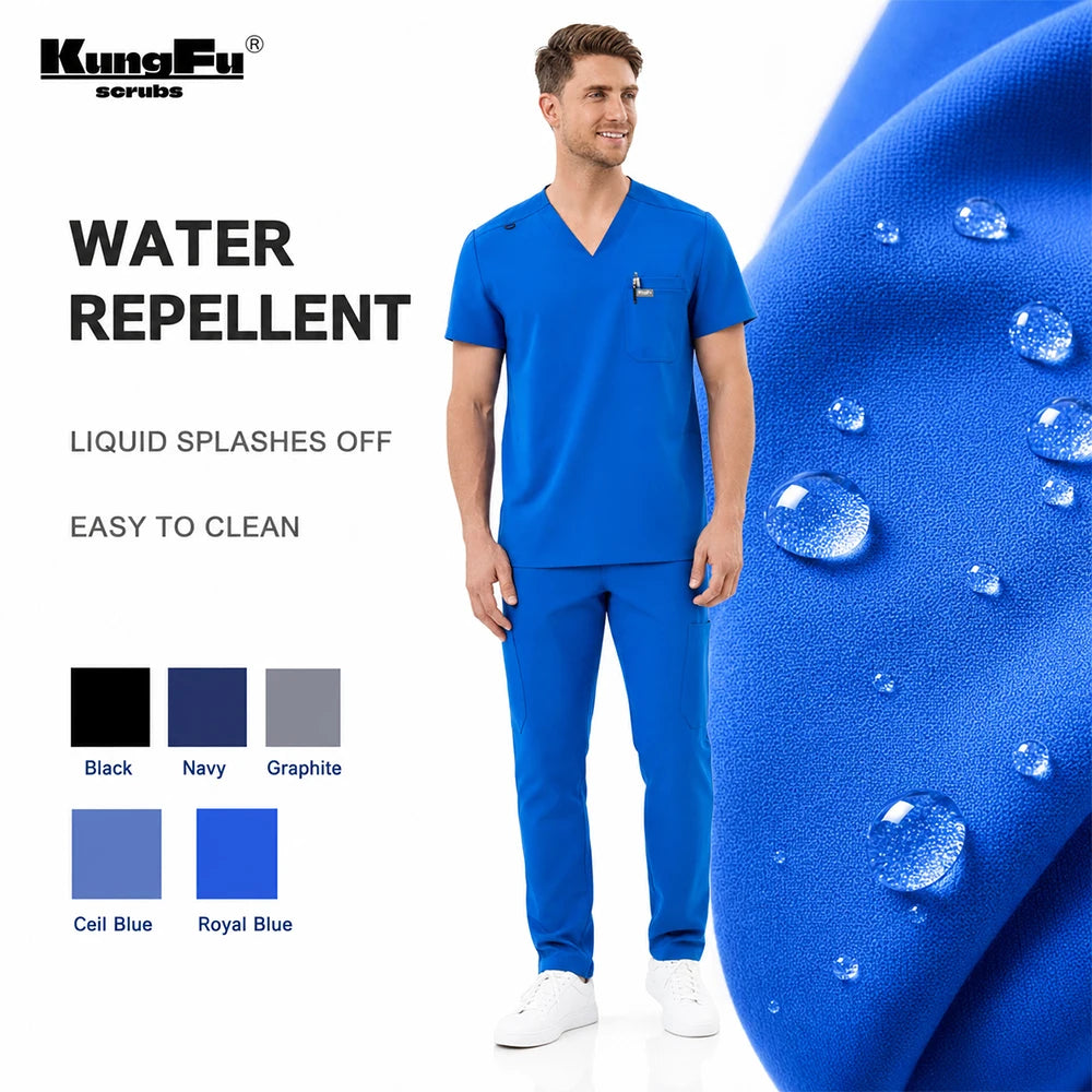 Saashi Labor Day Men’s Scrub Set – Short Sleeve V-Neck Medical Uniform with Stretch Pants