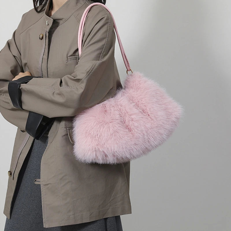 Saashi Faux Rabbit Fur Plush Shoulder Bag High End Luxury Tote Handbag Gift for Women