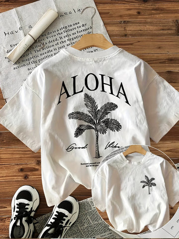 Saashi Aloha Good Vibes Graphic T Shirt Palm Tree Print Short Sleeve Crew Neck Casual Summer Top