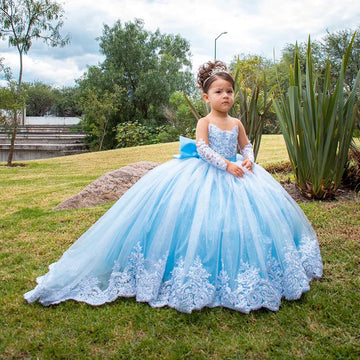 Saashi Girls Long Sleeve Satin Bow Flower Girl Ball Gown
