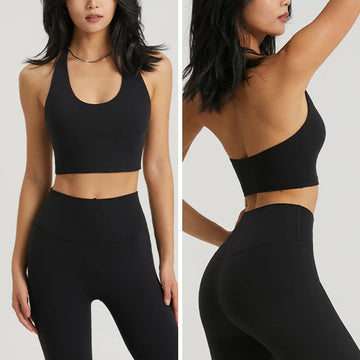 Saashi Women's Two Piece Yoga Suit Breathable Hanging Neck Bra High Waist Pants