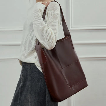 Saashi Women's Burminsa Cowhide Bucket Retro Genuine Leather Large Capacity Work Tote.