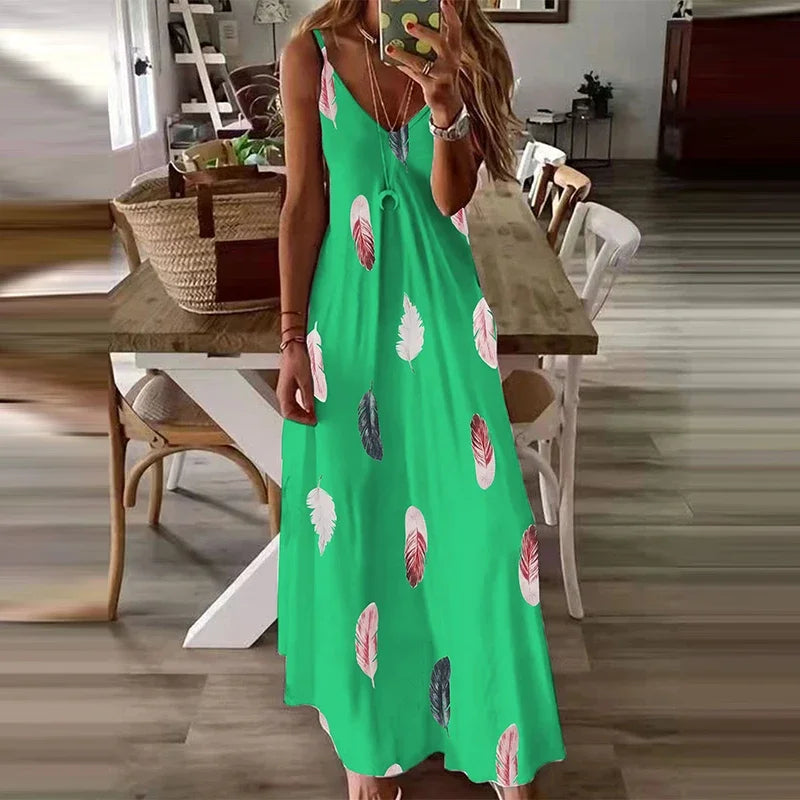 Saashi 8-Color All-Season Chic Feather Print Casual V-Neck Stretch Maxi Dress