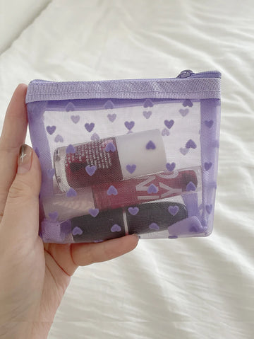 Saashi Purple Heart Print Mesh Cosmetic Pouch Travel Makeup Storage Large Capacity.