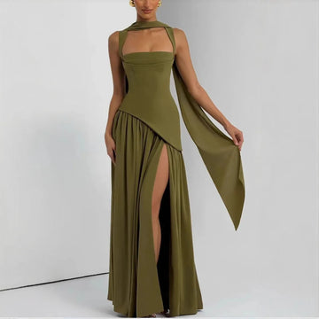 Saashi Women's Summer Elegant Olive Green Maxi Flowy Long Dress With Scarf.