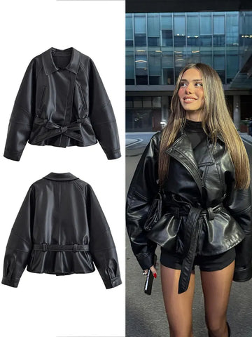 Saashi Faux Leather Belted Jacket