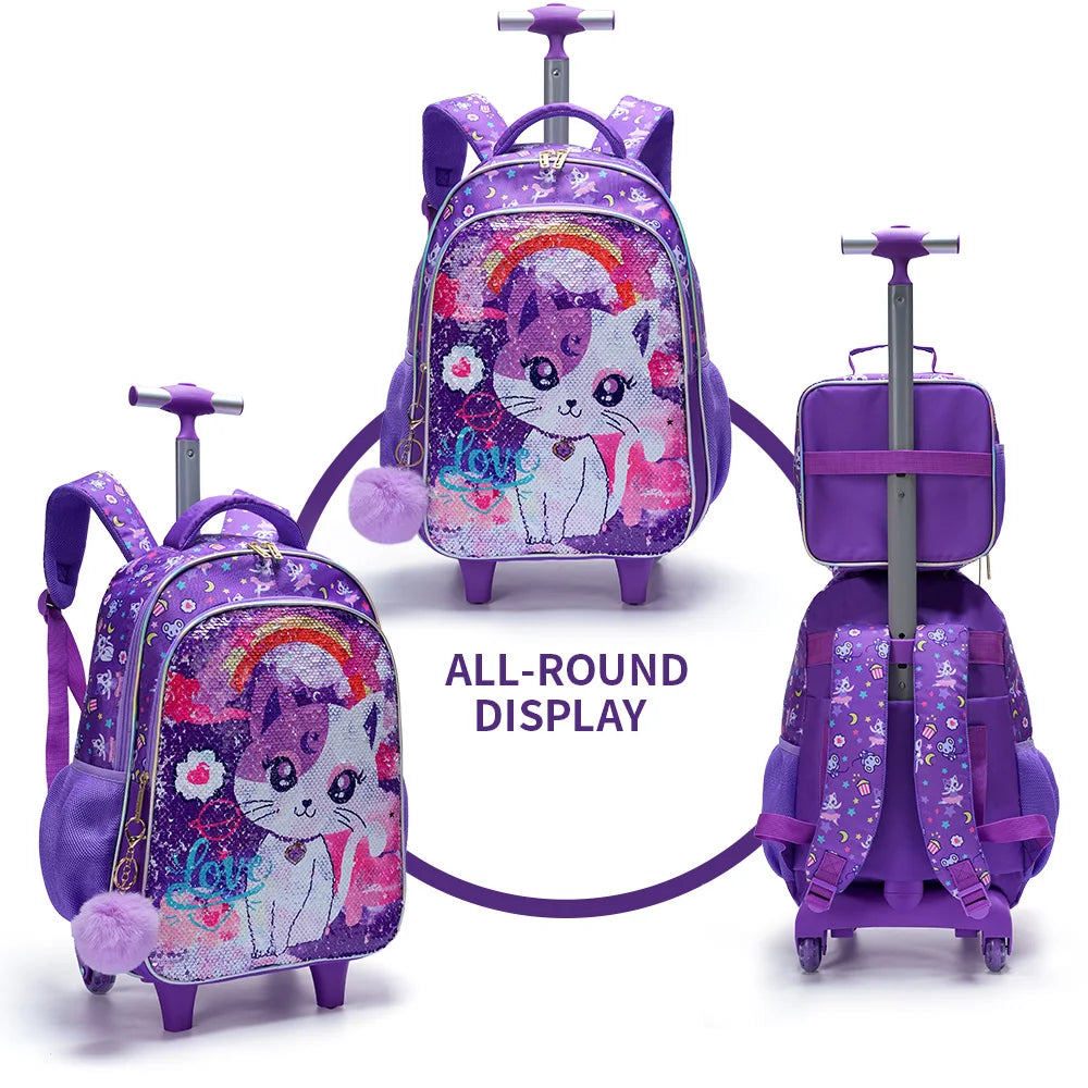 Saashi 3PCS Rolling Backpack Girls Cute Cartoon Cat Sequin Wheeled Bookbag Lunch.