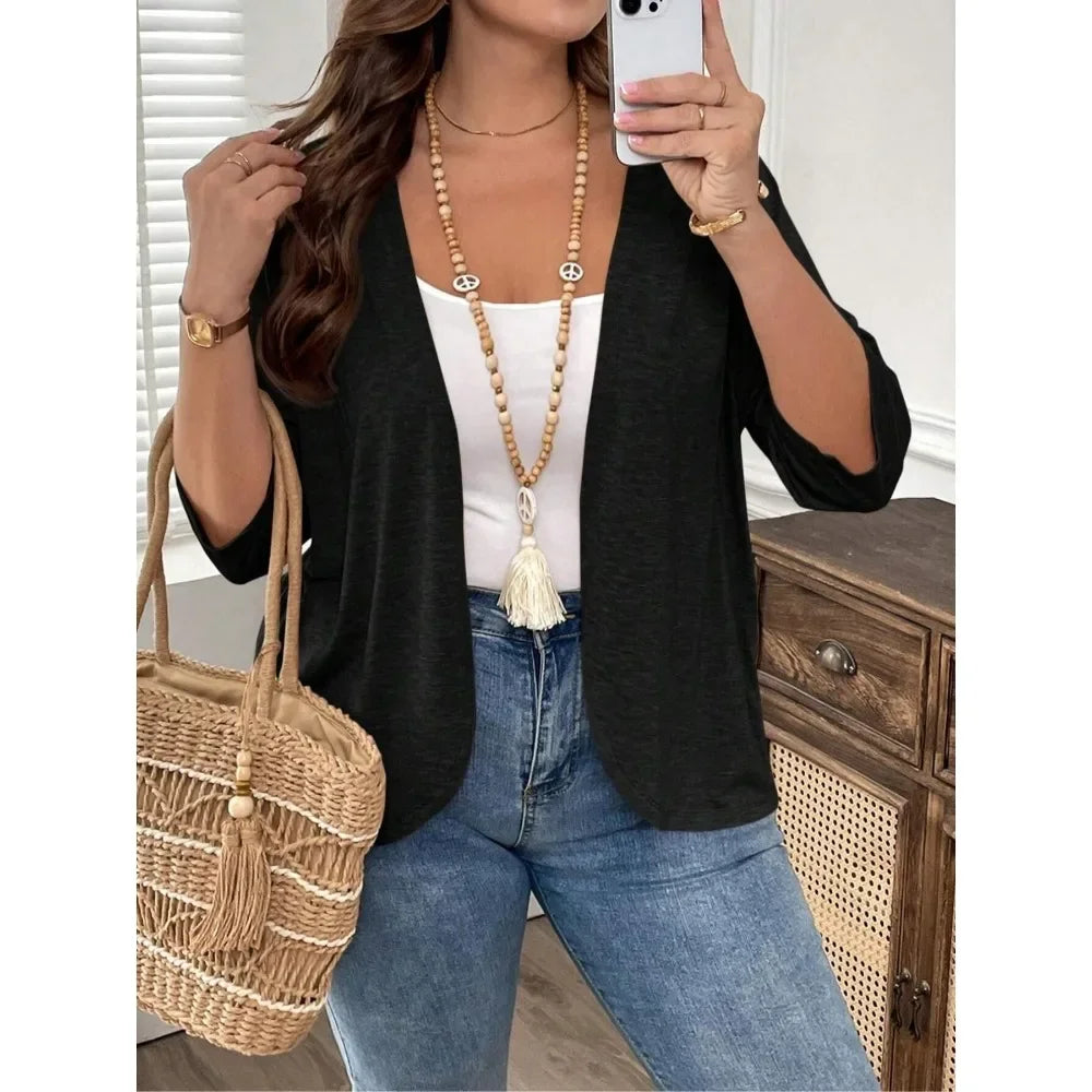 Saashi Women's Plus Size Fashion Solid Irregular Hem Casual Travel Leisure Cardigan.