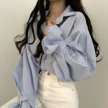 Saashi Women's Spring Lantern Sleeve Blue Stripe Loose Casual Office Lady Blouse.