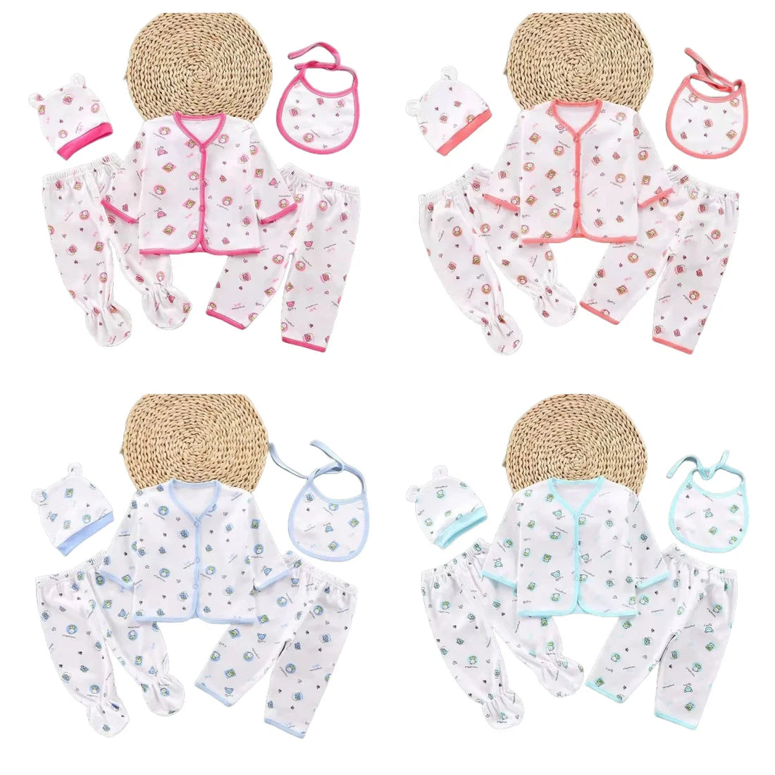Saashi 5-Piece Newborn Baby Clothing Set with Top Pants Bib Hat