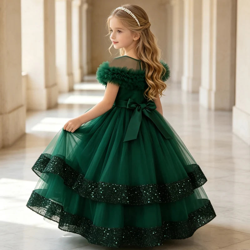 Saashi Girls Green Sequined Lace Princess Party Dress