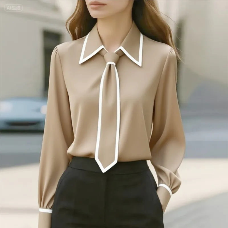 Saashi Women's Fashion Formal Bow Tie Long Sleeve Contrasting Trim Slim Blouse.