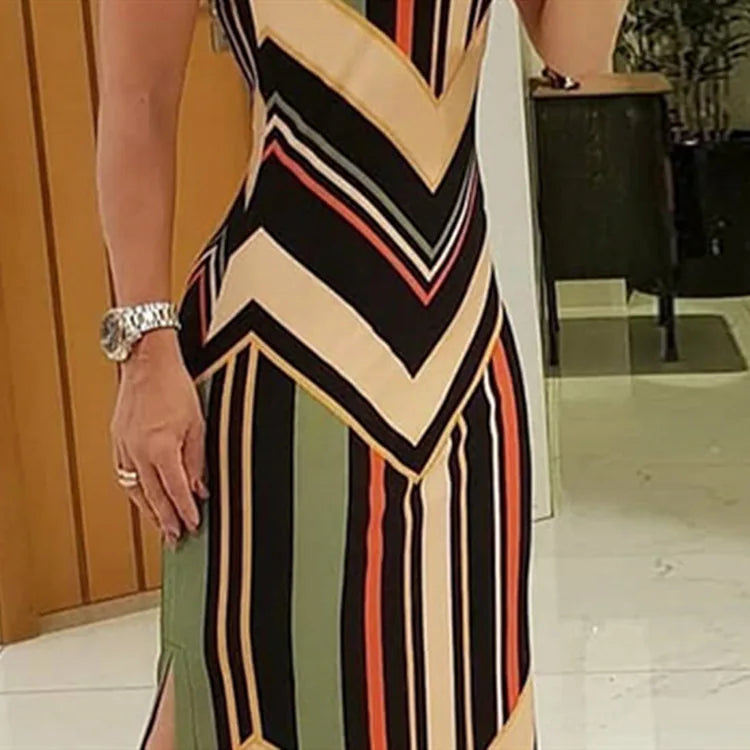 Saashi Women's Colorful Striped Side Slit Colorblock Sleeveless Slim Maxi Dress