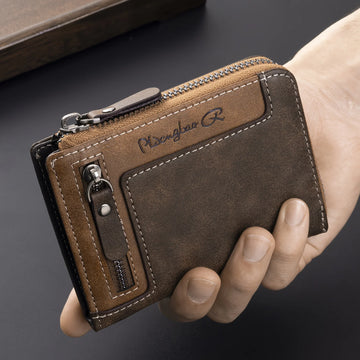 Saashi Men's Retro Short Multifunctional Zipper PU Leather Coin Purse Card Holder.