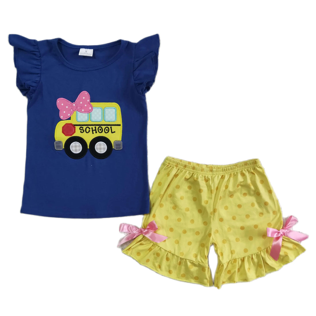 Saashi Toddler Baby Girl Back to School Embroidered Bus Yellow Dots Shorts Set