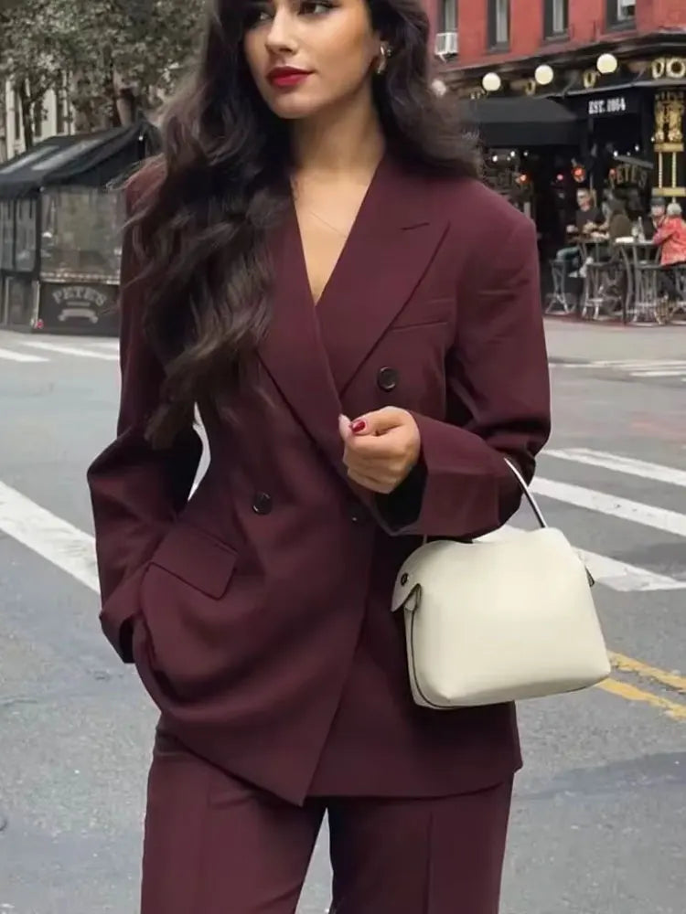 Saashi Women's Wine Red Vintage Double Breasted Broad Lapel Elegant Commuting Blazer.
