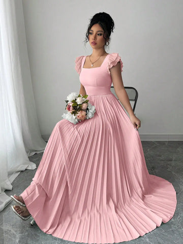 Saashi Women's Pink Square Neck Ruffled Sleeve Pleated Maxi Dress