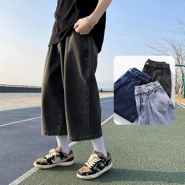 Saashi Men's Summer High Quality Cropped Jeans Loose Straight Leg Casual Denim.