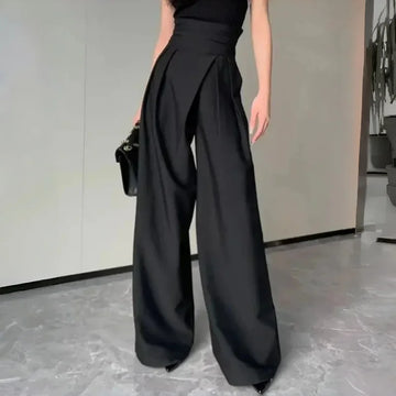 Saashi Women's Black High Waist Wide Leg Spring Summer Commuting Straight Suit Pants.