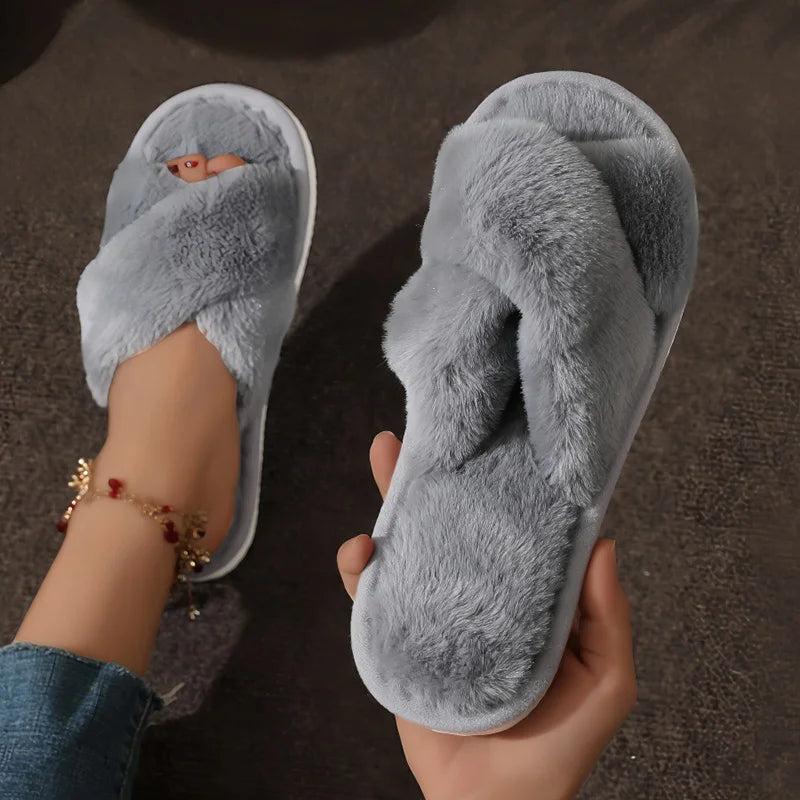 Saashi Unisex Faux Fur Slides, Warm Plush Cross-Strap Home Slippers for Plus Size