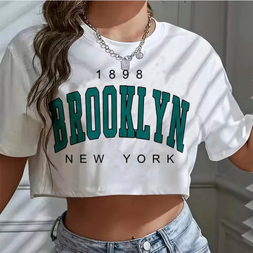 Saashi Los Angeles Brooklyn 91 Graphic Crop T Shirt Round Neck Casual Sports Cropped Top
