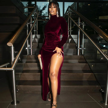 Saashi Women's Autumn Winter High-necked Long-sleeved Velvet Slim Pleated Slit Dress.