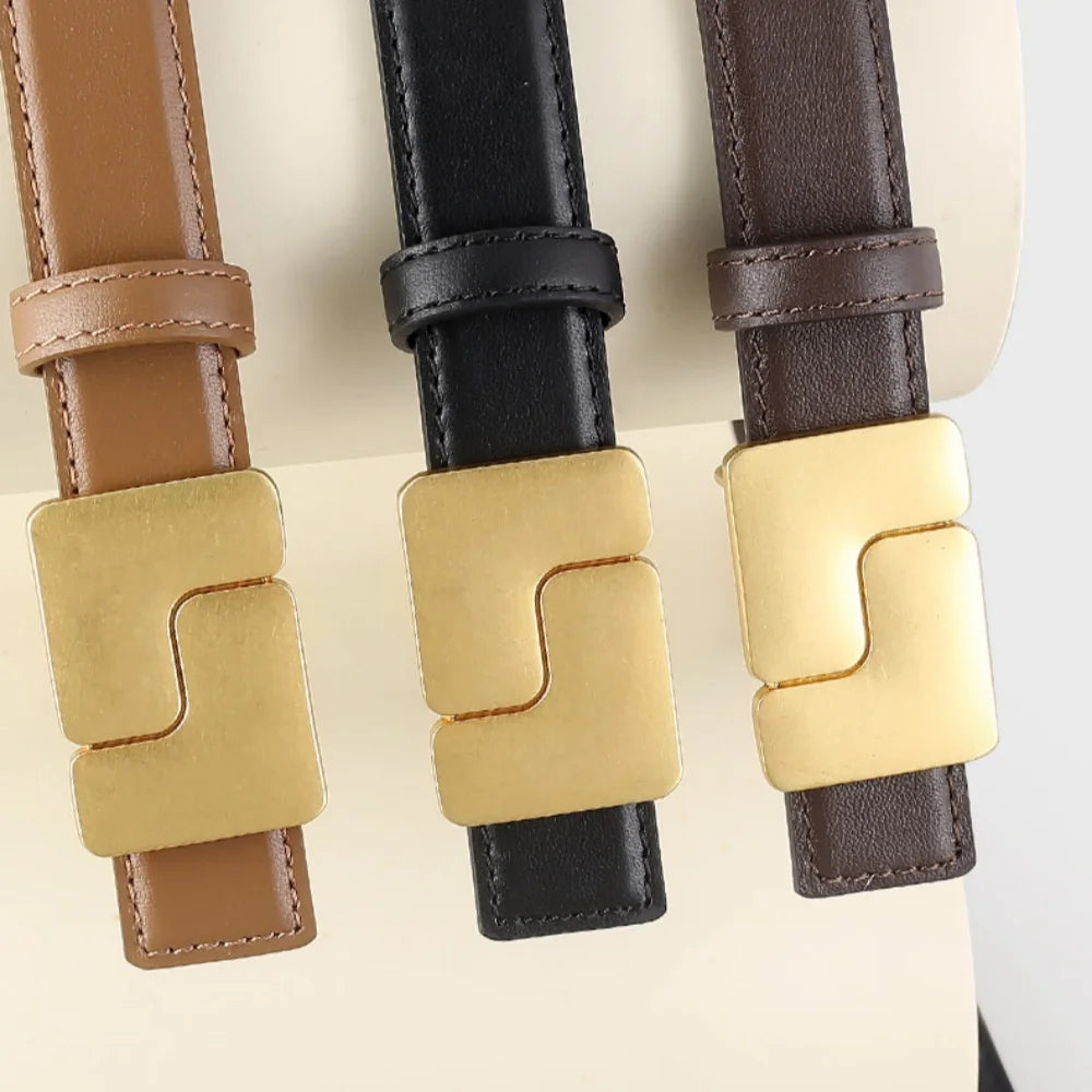 Saashi Women's Korean Style Genuine Leather Dress Corset Gold Buckle Narrow Belt.