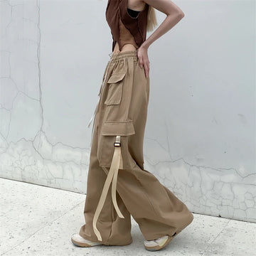 Saashi Women's Cotton High Street Cargo Pants High Waist Ribbon Wide Leg