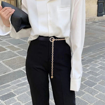 Saashi Women's Black Thin Waistband Metal Chain Splicing Adjustable Versatile Dress Belt.