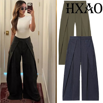 Saashi Women's Baggy Wide Minimalist Pleated Stripe Office Green Oversize Suit Trousers.