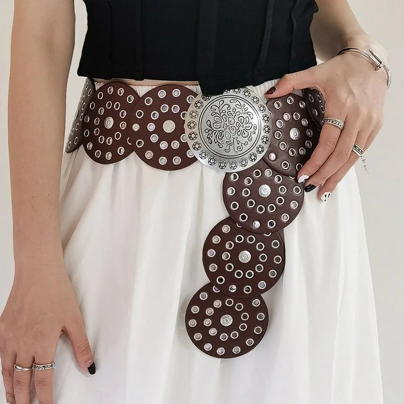 Saashi Women's Western Denim High Quality Metal Hollow Wide Vintage Round Belt DT148.