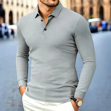 Saashi Men's Business Casual Solid Color Long Sleeved Breathable Versatile Polo Shirt.